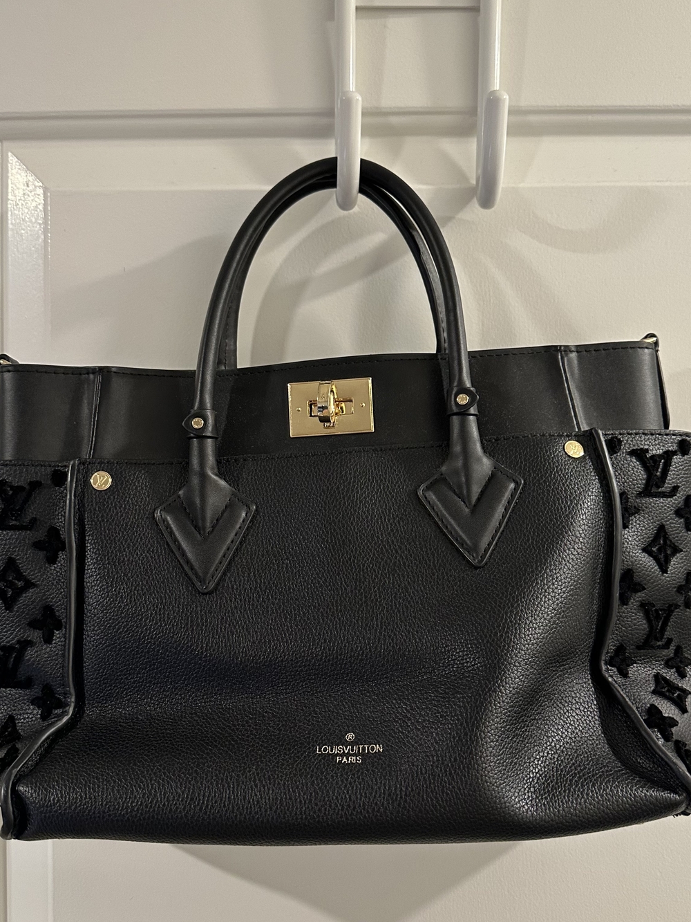 Black Leather Top Handle Satchel with Velvet Embossed Detail Gold Tone Accents